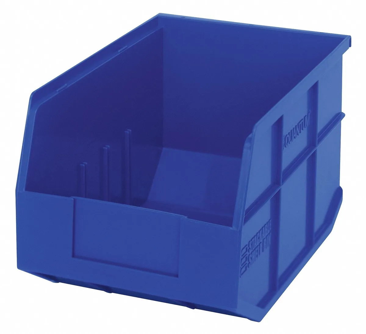 Blue plastic shelf bin 12 inches long with label holder