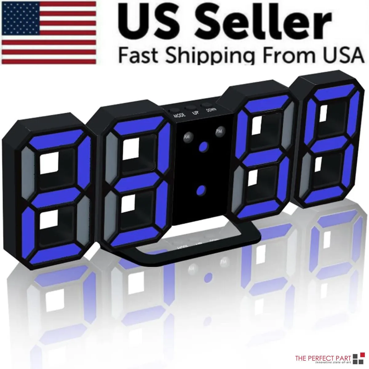 The Perfect Part The Perfect Part 3D LED Wall Desk Clock Black Blue 12/24H Auto Brightness USB — product photo