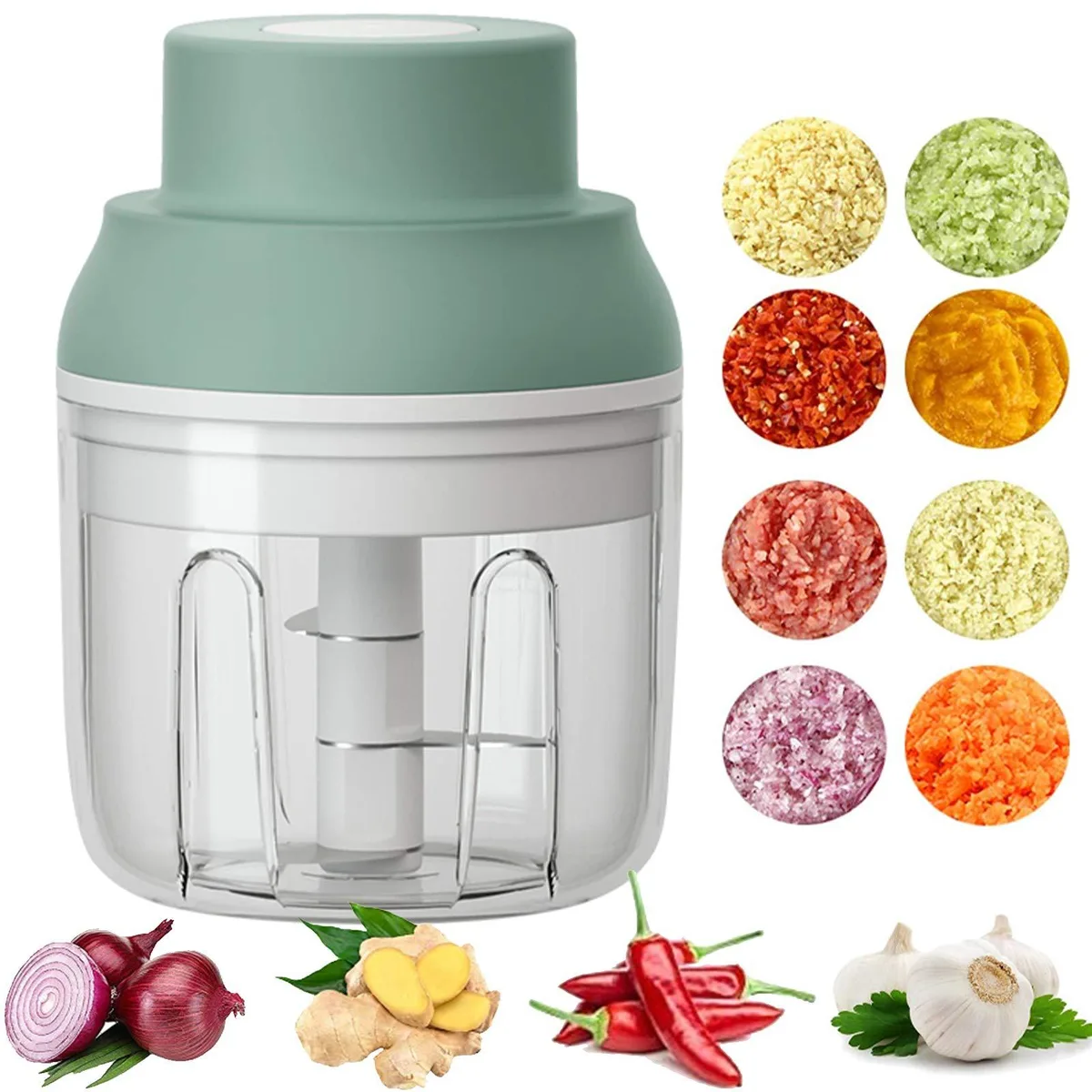 Green mini food processor, 250 ml cup, USB rechargeable, 4.8 inches tall