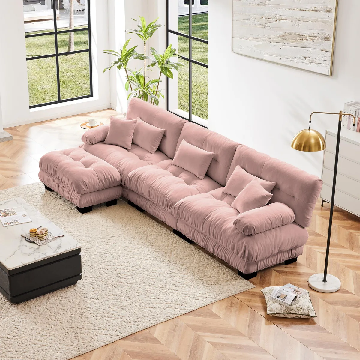 Pink chenille modular L-shaped sectional with convertible ottoman and round bolster armrests