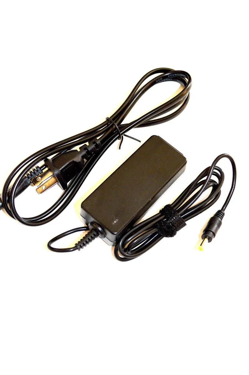 Black rectangular 19V AC adapter with detachable power cord and Euro plug attachment