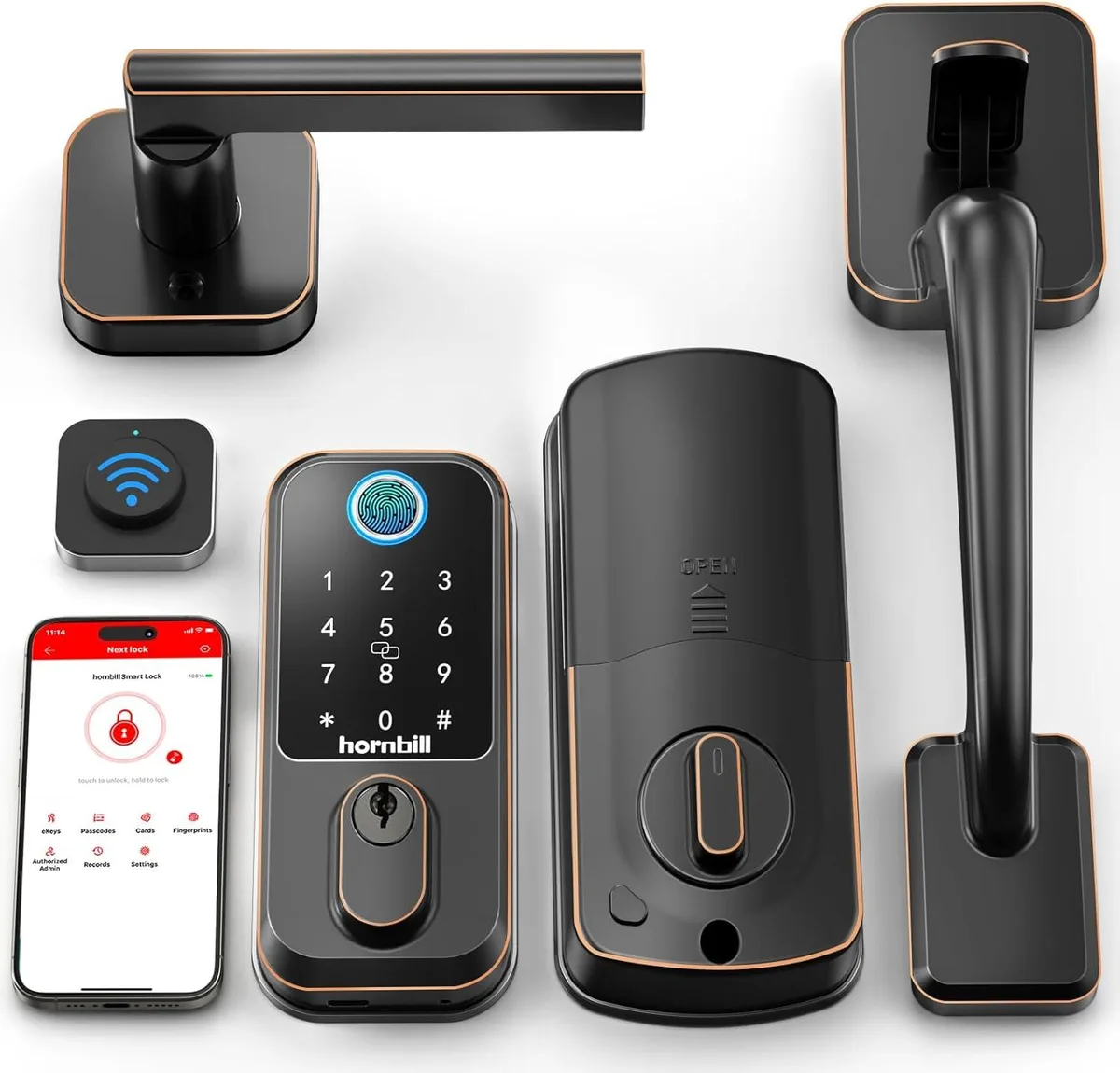 Oil-rubbed bronze smart deadbolt with handle and fingerprint keypad