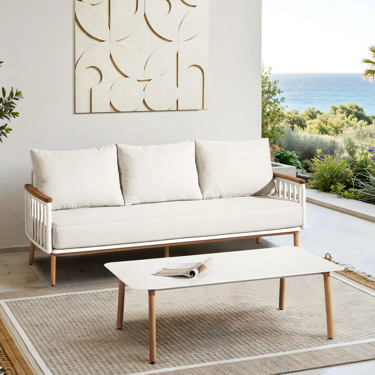 Two-piece beige outdoor sofa and coffee table set with teak armrests, aluminium frame and chenille cushions