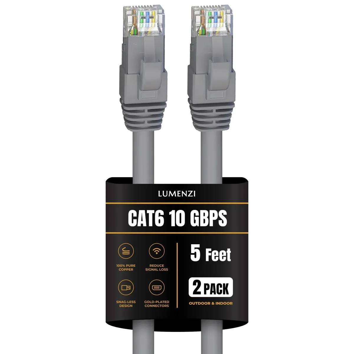 Lumenzi Lumenzi Cat 6 Ethernet Cable 5 FT Grey 2 Pack 10 Gbps 550 MHz — product photo