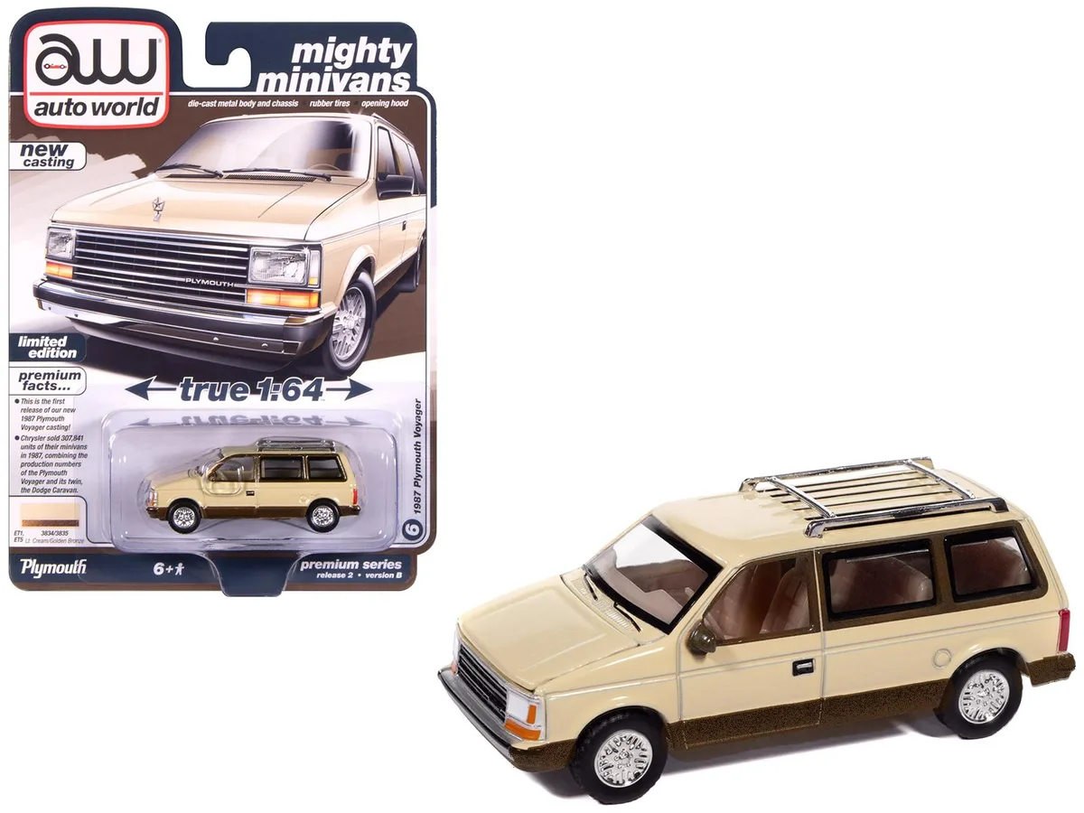 auto world Auto World 1987 Plymouth Voyager Van Light Cream Golden Bronze Metallic 2-Tone 1/64 Diecast Hobby Collectible — product photo