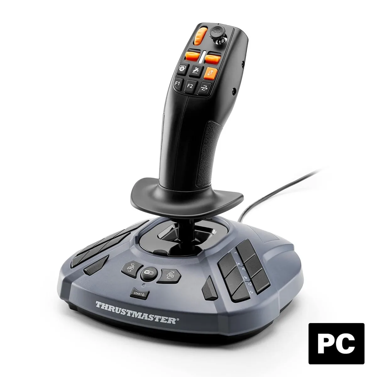 Black ambidextrous flight stick with thumbwheel mini-stick and multiple buttons