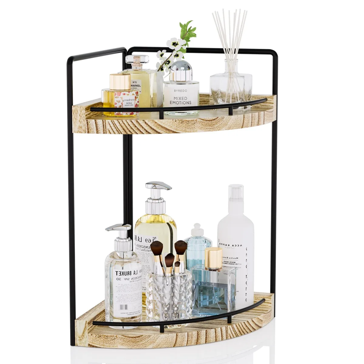 Two-tier corner shelf with rustic wood trays and metal frame
