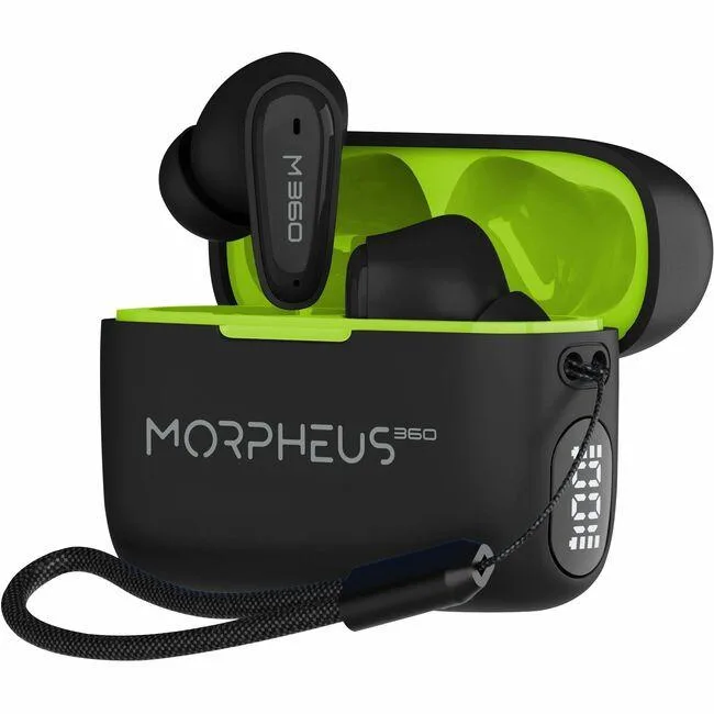 Black true wireless earbuds in a matching magnetic charging case