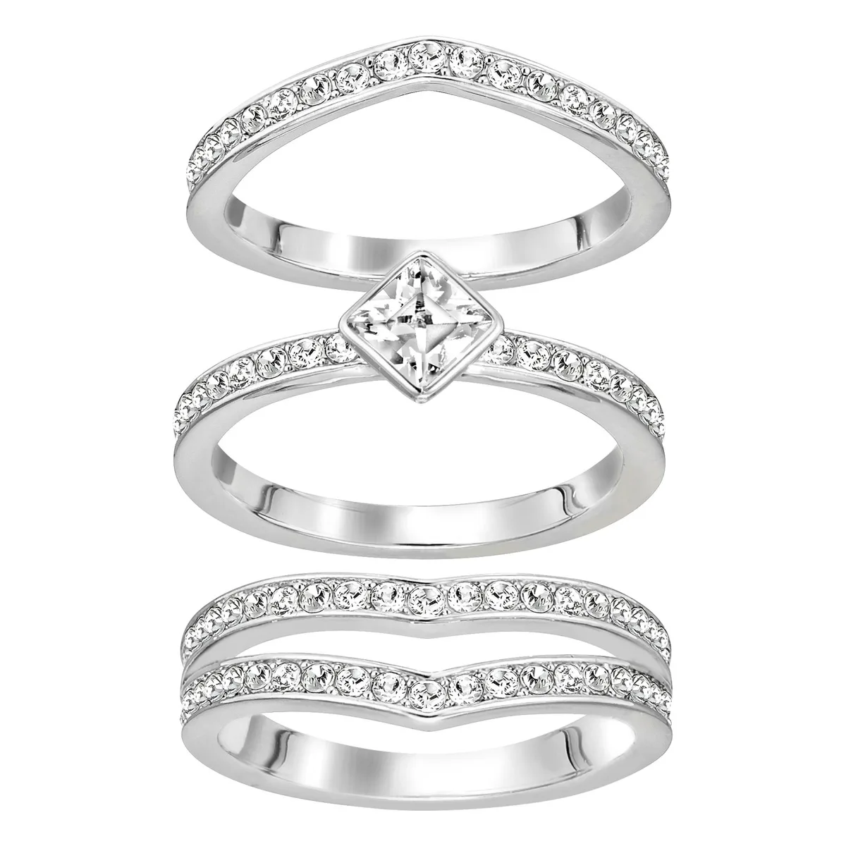 Three rhodium-plated sterling silver rings with clear crystal pave in V silhouettes