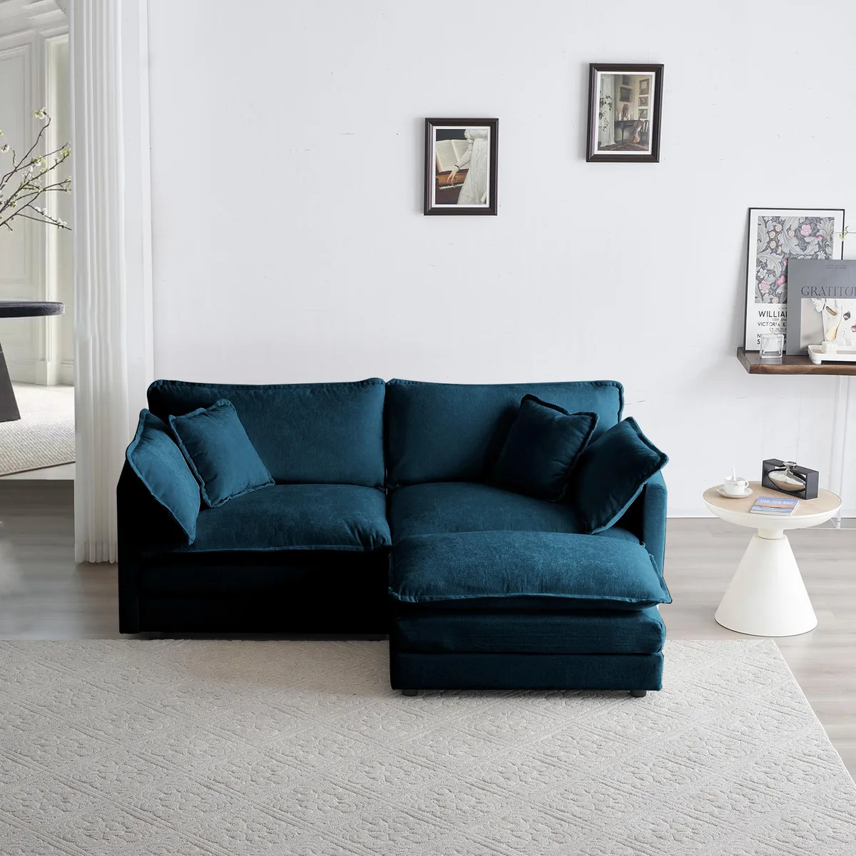 Blue chenille two-seater L-shaped sofa with matching ottoman and five scatter cushions