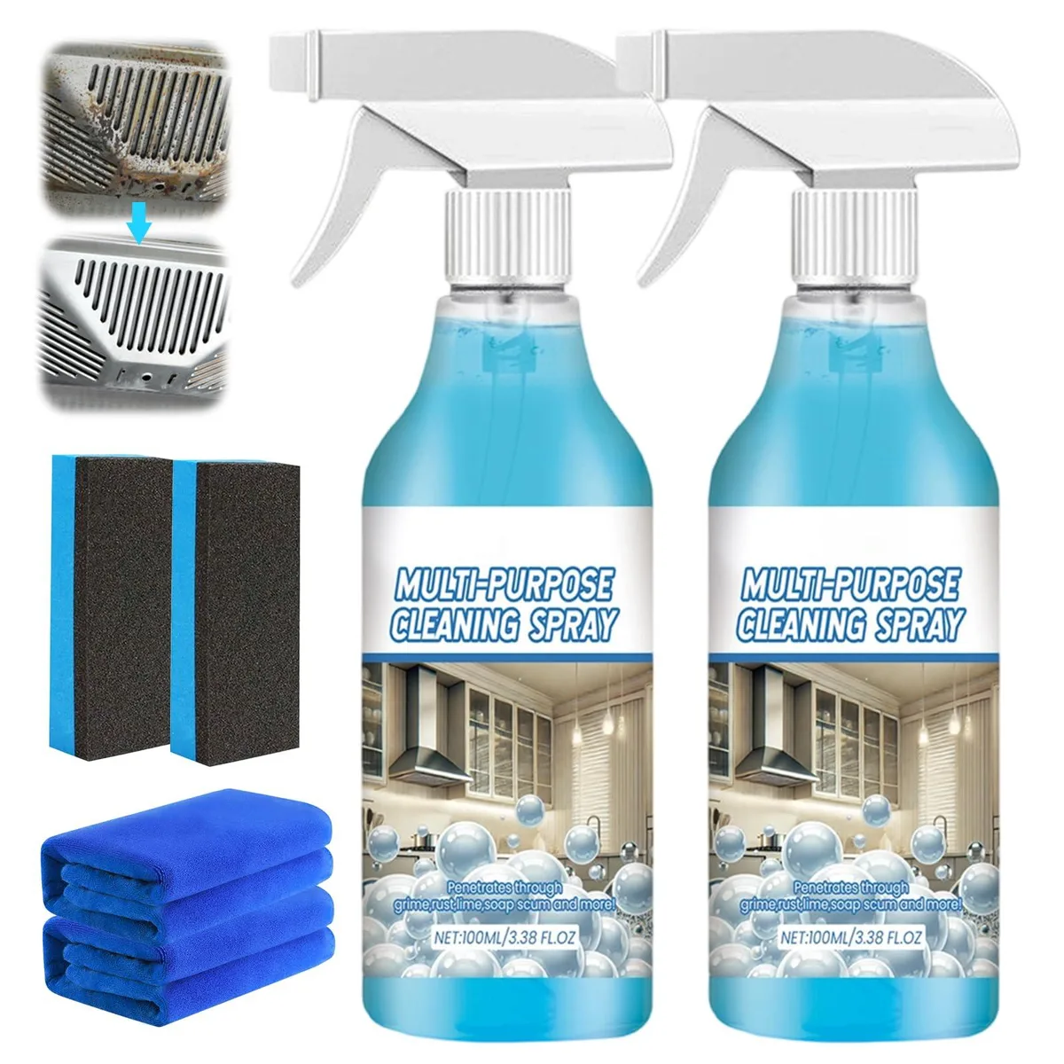Two new satasiam multi-purpose cleaning spray bottles with trigger nozzles and included towels and sponges