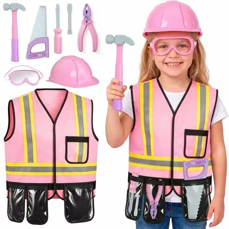  BOIMOES Pink Kids Tool Set with Construction Worker Costume 9pcs — product photo