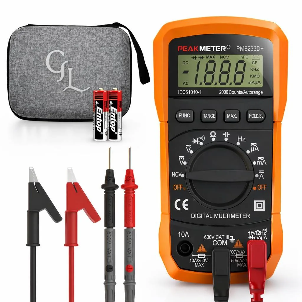 Yellow digital multimeter with backlit LCD, red and black test leads, crocodile clips, and carrying bag