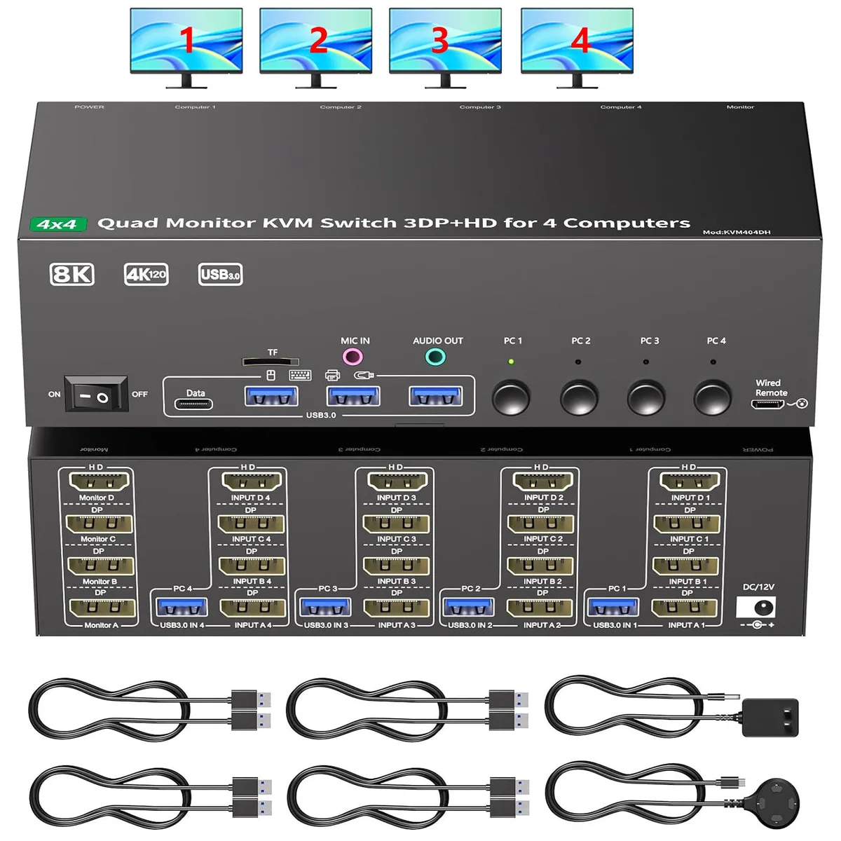 AUTYUE AUTYUE KC-404DH KVM switch 4×4 8K@30Hz 4K@120Hz HDMI+3DP 4×USB 3.0 — product photo