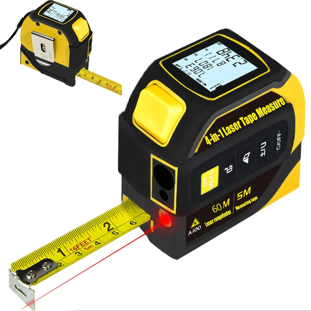  4-in-1 Laser Tape Measure 5 m &amp; 40–100 m Rangefinder Crosshair Level Backlit LCD — product photo