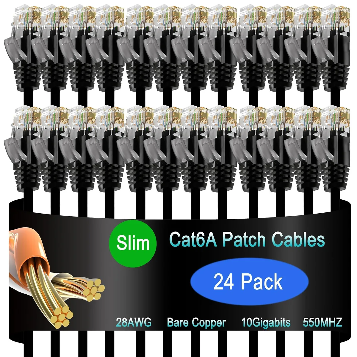 Pack of 24 black slim Cat6a patch cables 2 ft long with clear snagless RJ45 boots