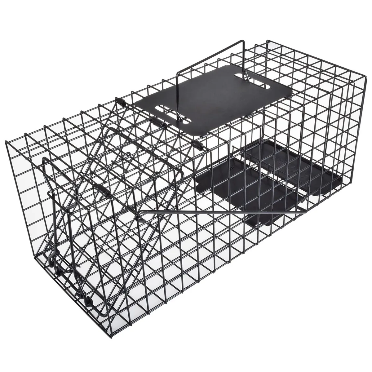 Black galvanised iron cage trap, 17 inches long, fully assembled