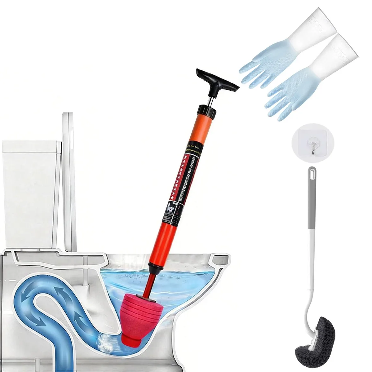Toilet plunger set with brush, gloves and hook