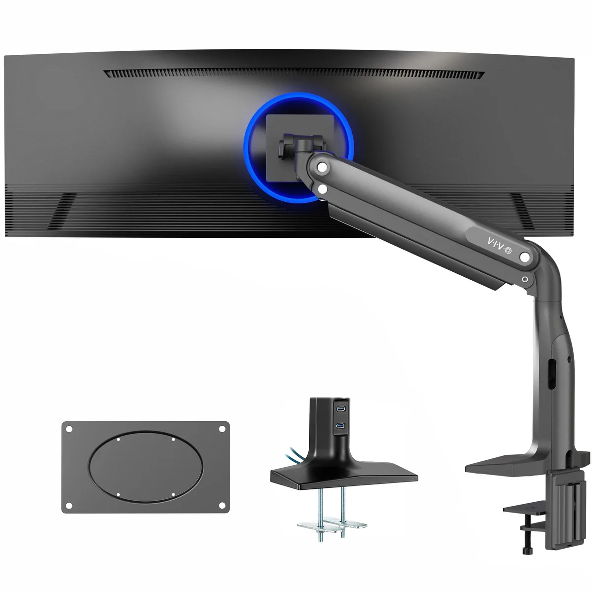 VIVO VIVO Single Ultra Wide Monitor Pneumatic Spring Desk Mount with USB, Max VESA 200x100 — product photo