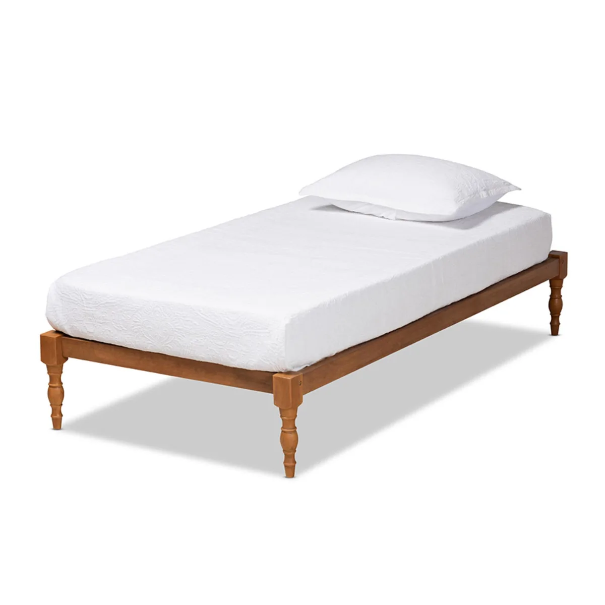 Walnut brown twin platform bed with turned legs, low profile, wood slats, rubberwood and engineered wood construction