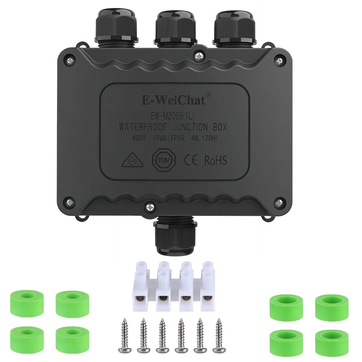 Rectangular grey PA66 nylon junction box with four cable glands and silicone seals