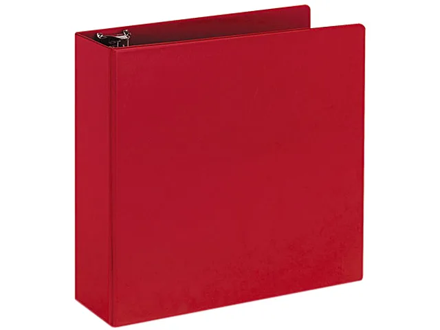 Red three-ring binder with white accents and exposed rivets