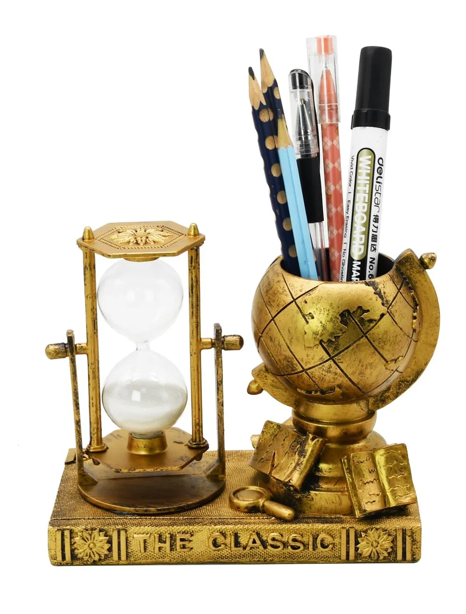 Globe-themed resin pencil holder with decorative hourglass, white finish, freestanding desktop organiser