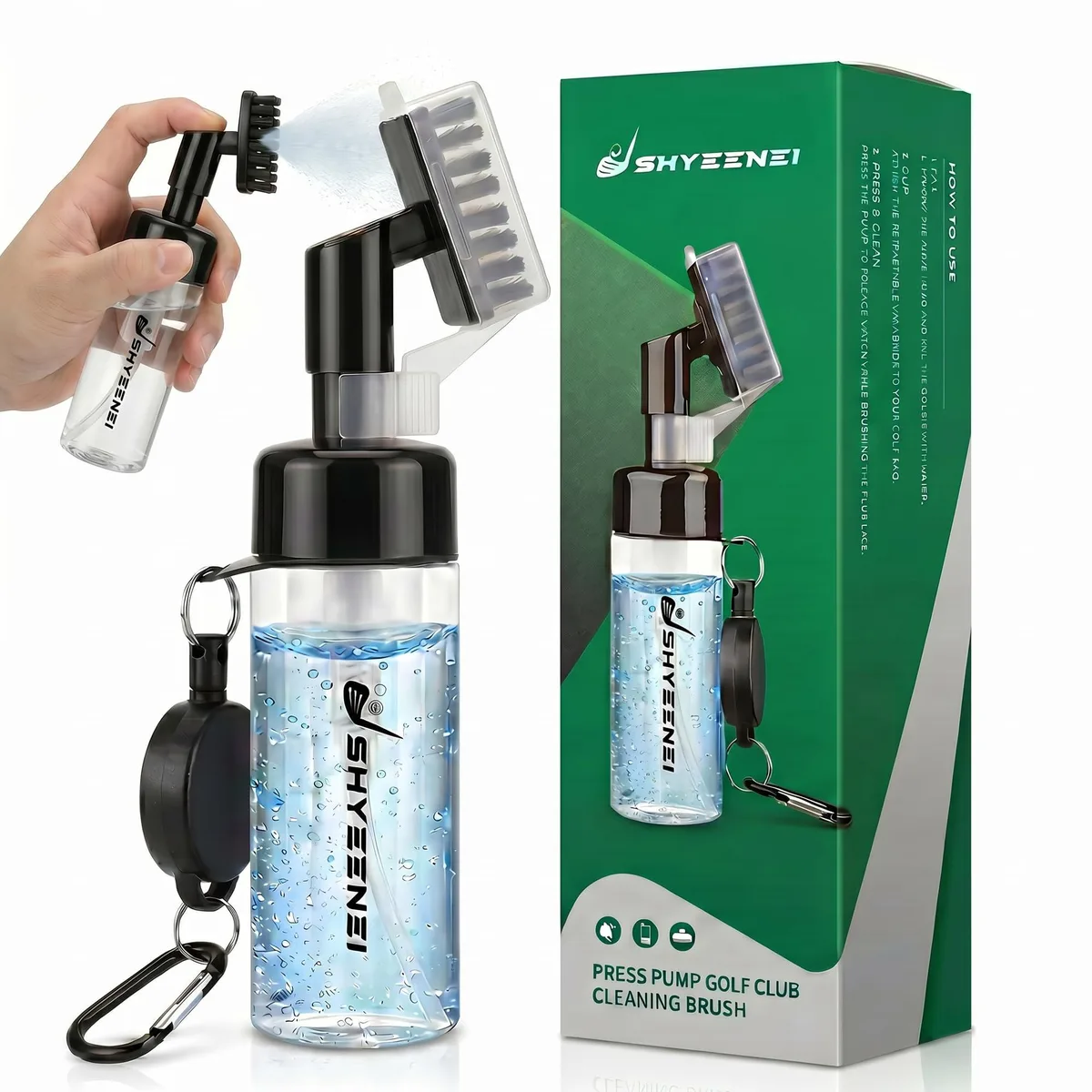 Golf Club Cleaner Push-Activated Transparent Reservoir Retractable Clip — product photo