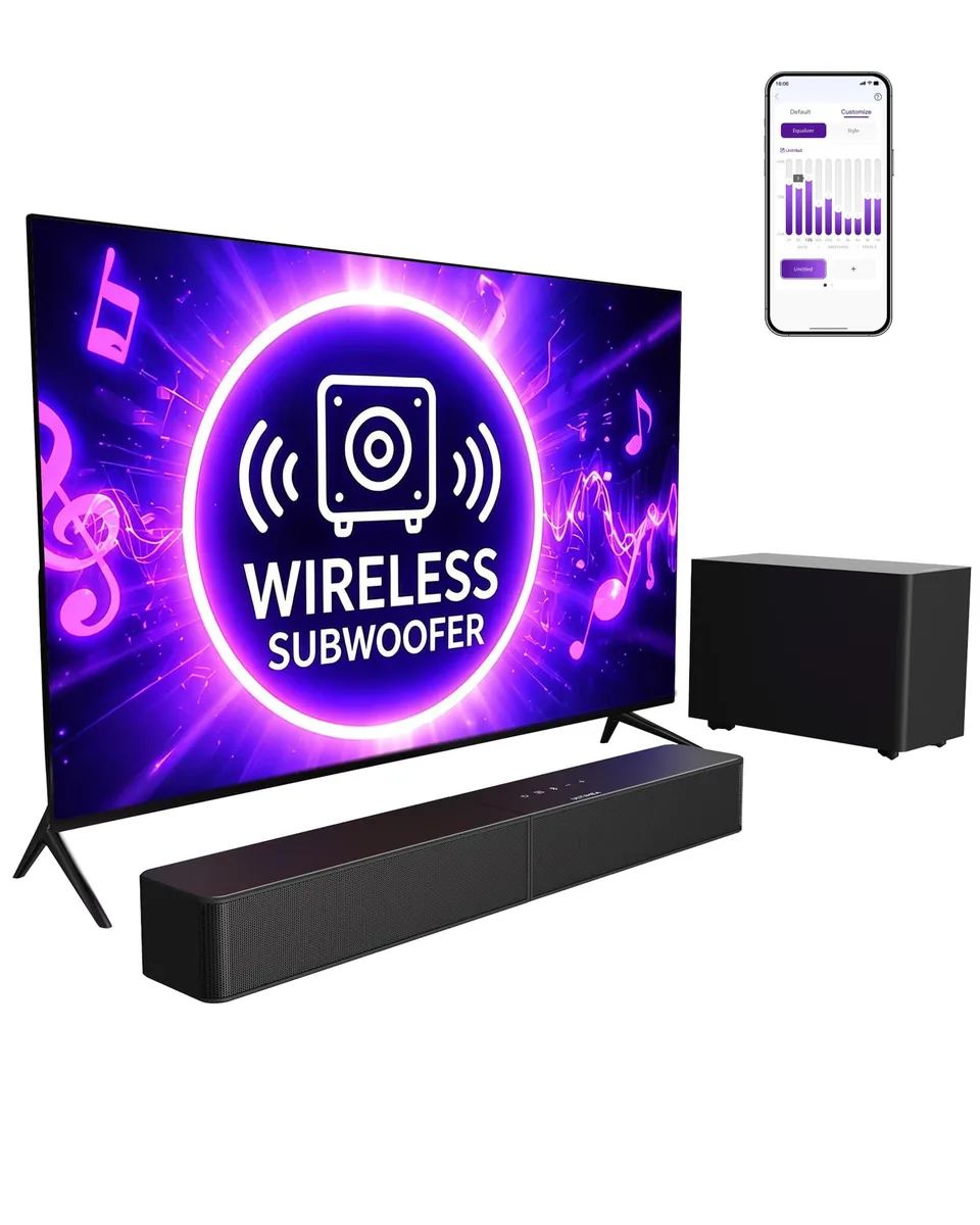 Soundbar and wireless subwoofer system in black finish