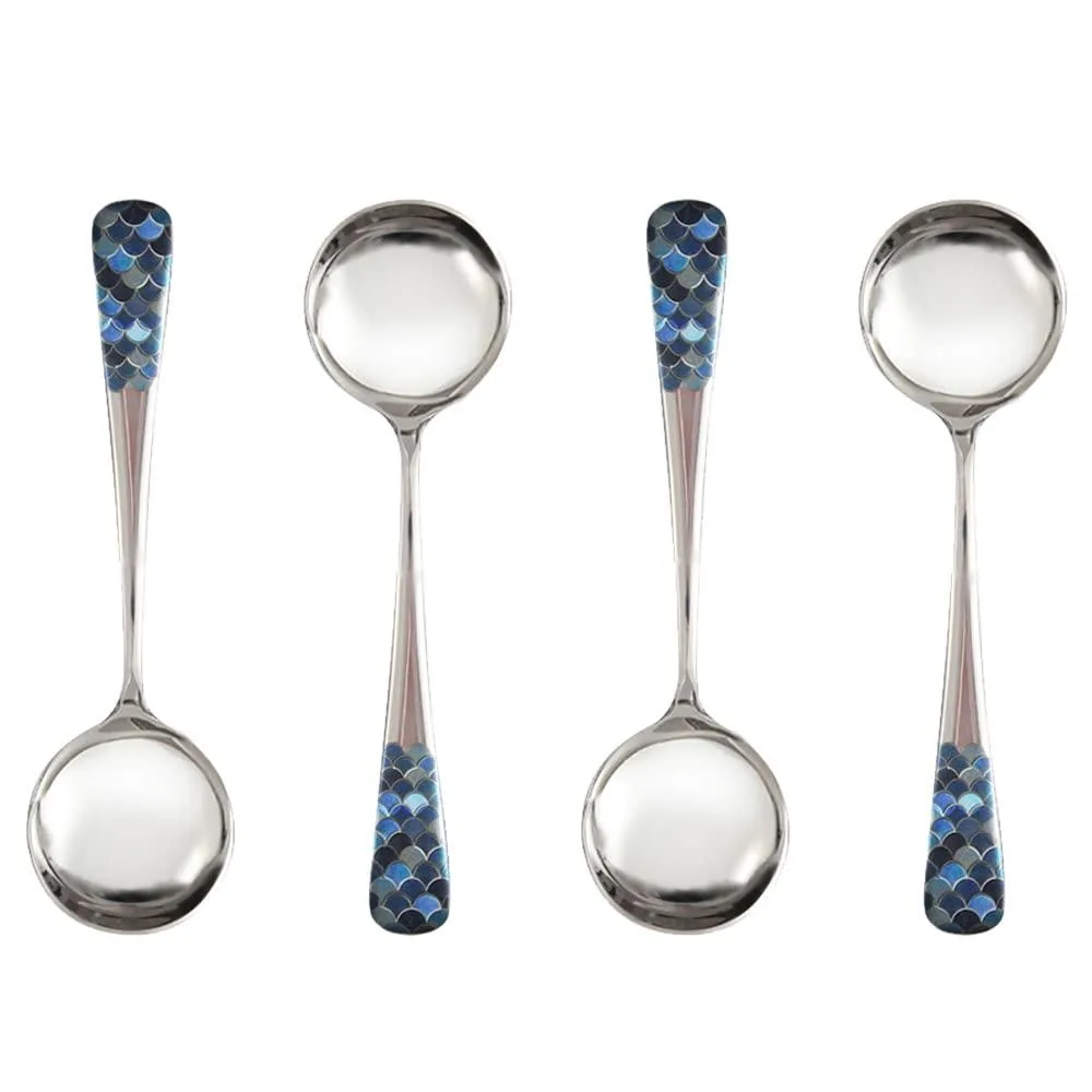 Fourteen stainless steel teaspoons with iridescent fish-scale handles, six inches long