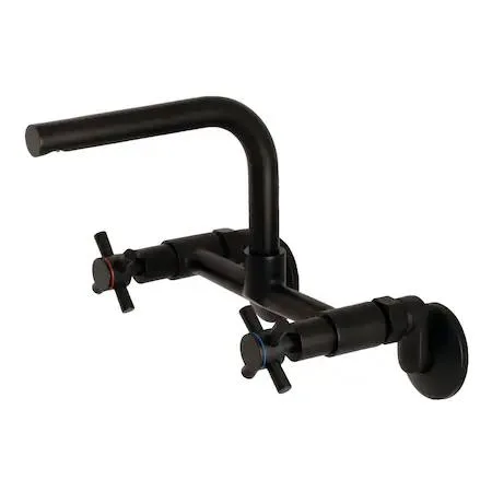 Matte black wall-mount kitchen faucet with cylindrical spout and dual handles