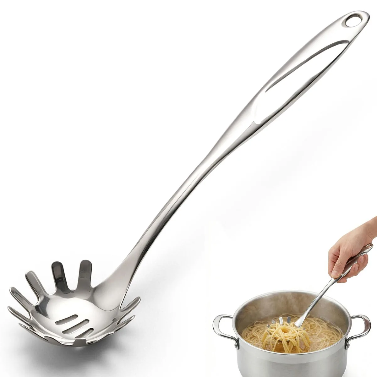 Polished stainless steel pasta server, 13 inch, toothed head with drainage holes, insulated handle