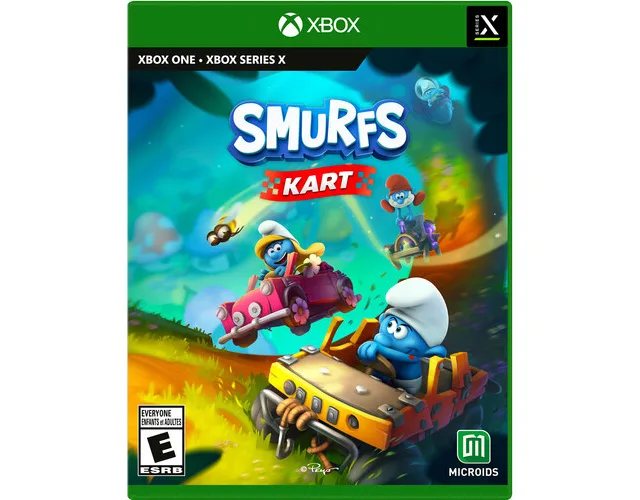 Blue Xbox Series X game case with Smurfs Kart artwork