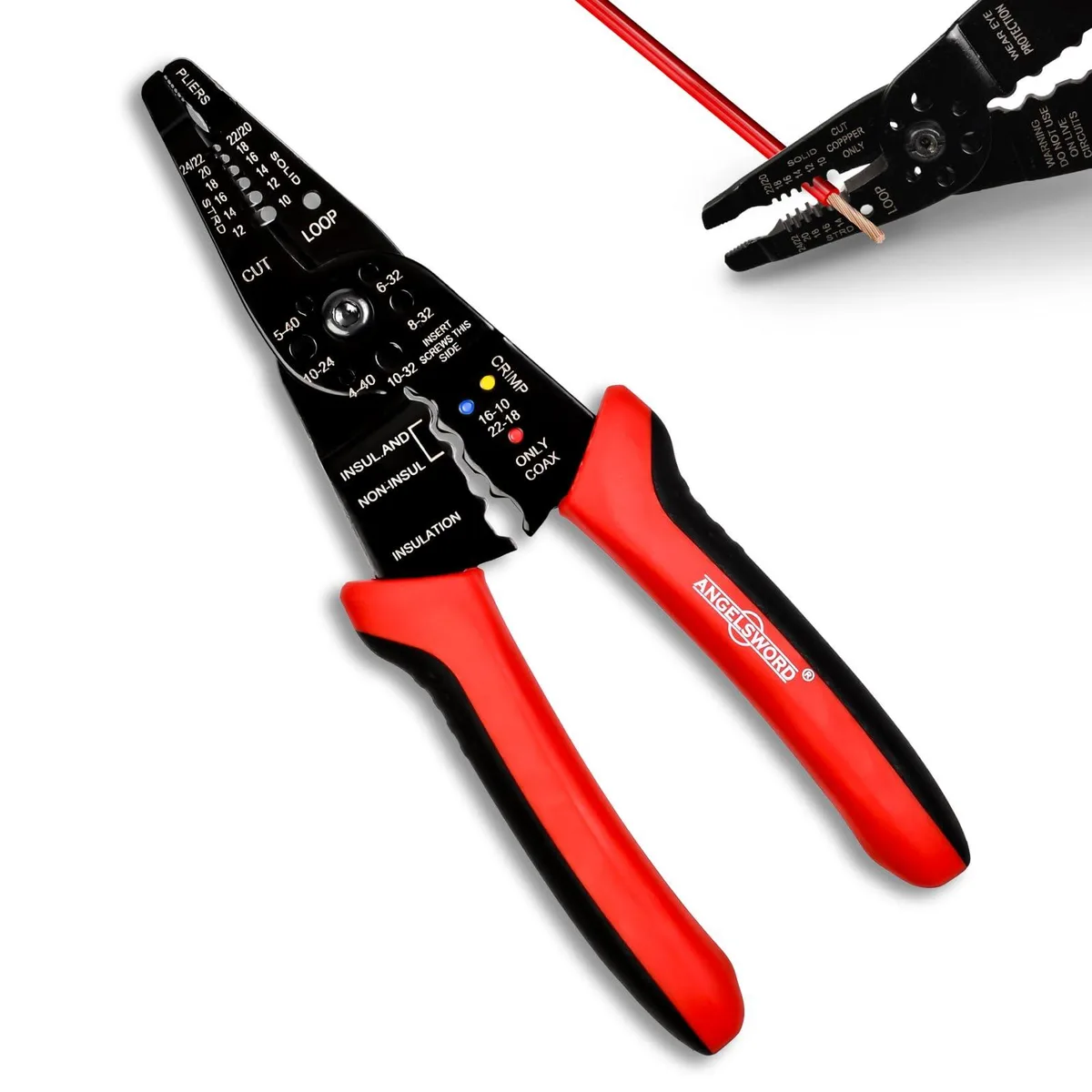 Red Klein Tools multi-function wire stripper crimper with curved rubber grip handles