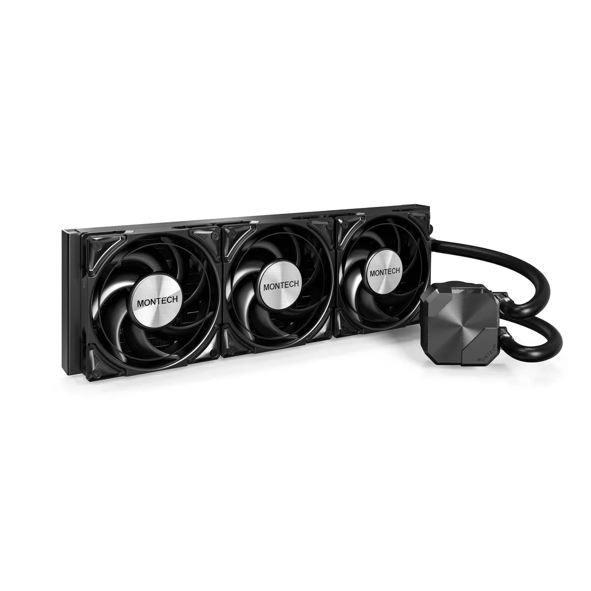 Black 360 mm AIO liquid cooler with three 120 mm fans and mirror-metal pump block