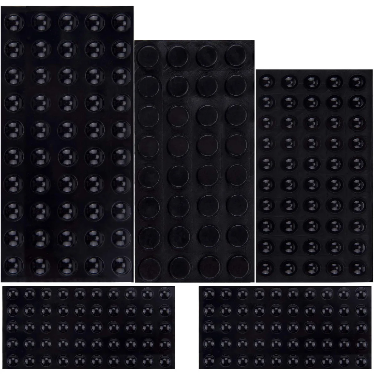 Black adhesive rubber bumper pads in four shapes, 232 pieces on sheets