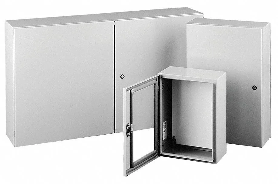 Gray carbon steel wall-mount enclosure 16x16x10 with hinged solid cover and quarter-turn latch