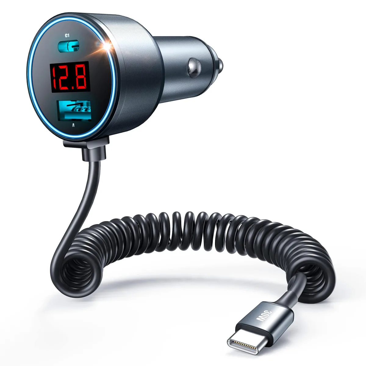 No Sew No Sew CH04 75W 3-Port Car Charger 45W PD 30W Coiled Cable Space Grey — product photo