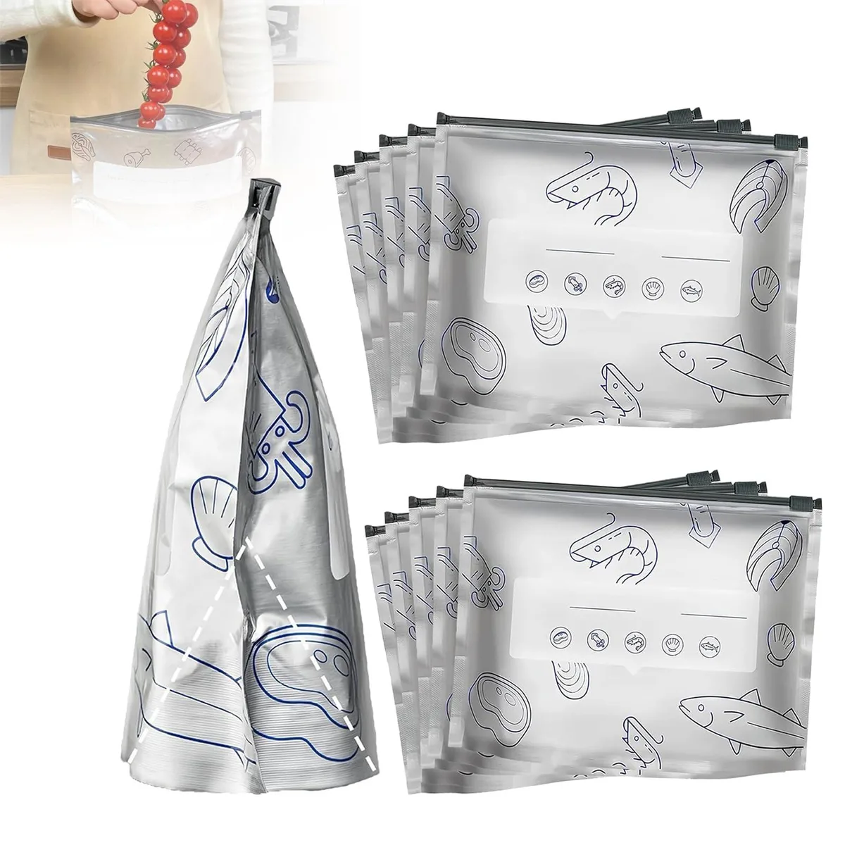 Silver aluminum foil storage bags with zipper seals and stand-up bottoms, variety pack of 30 in three sizes