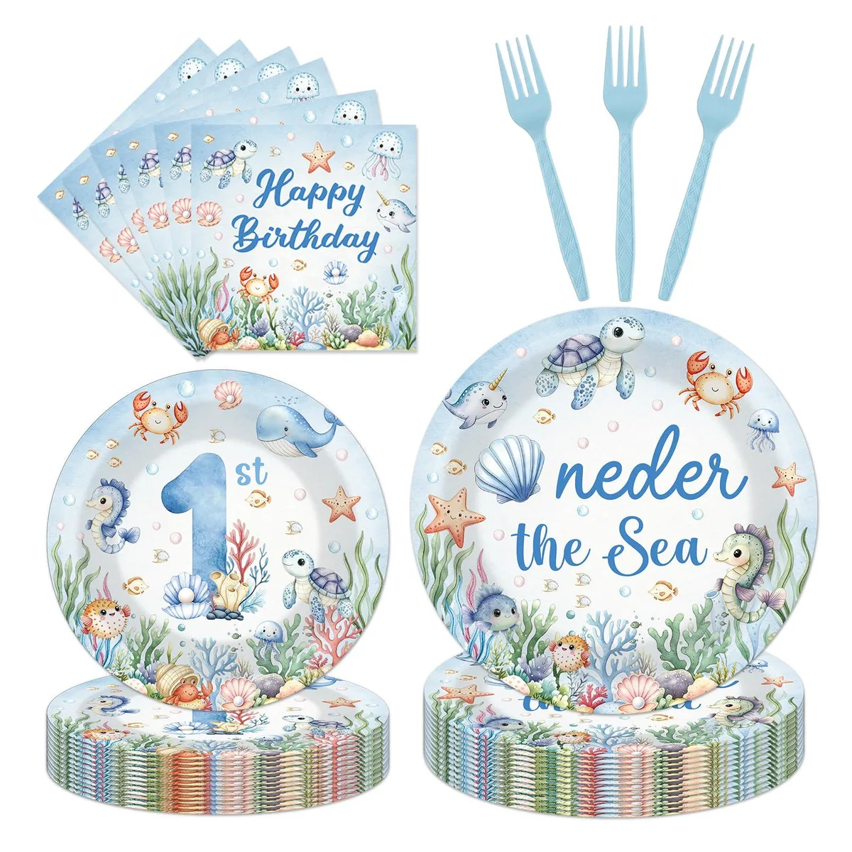 Boxed set of 96 paper plates, forks and napkins in blue ocean theme