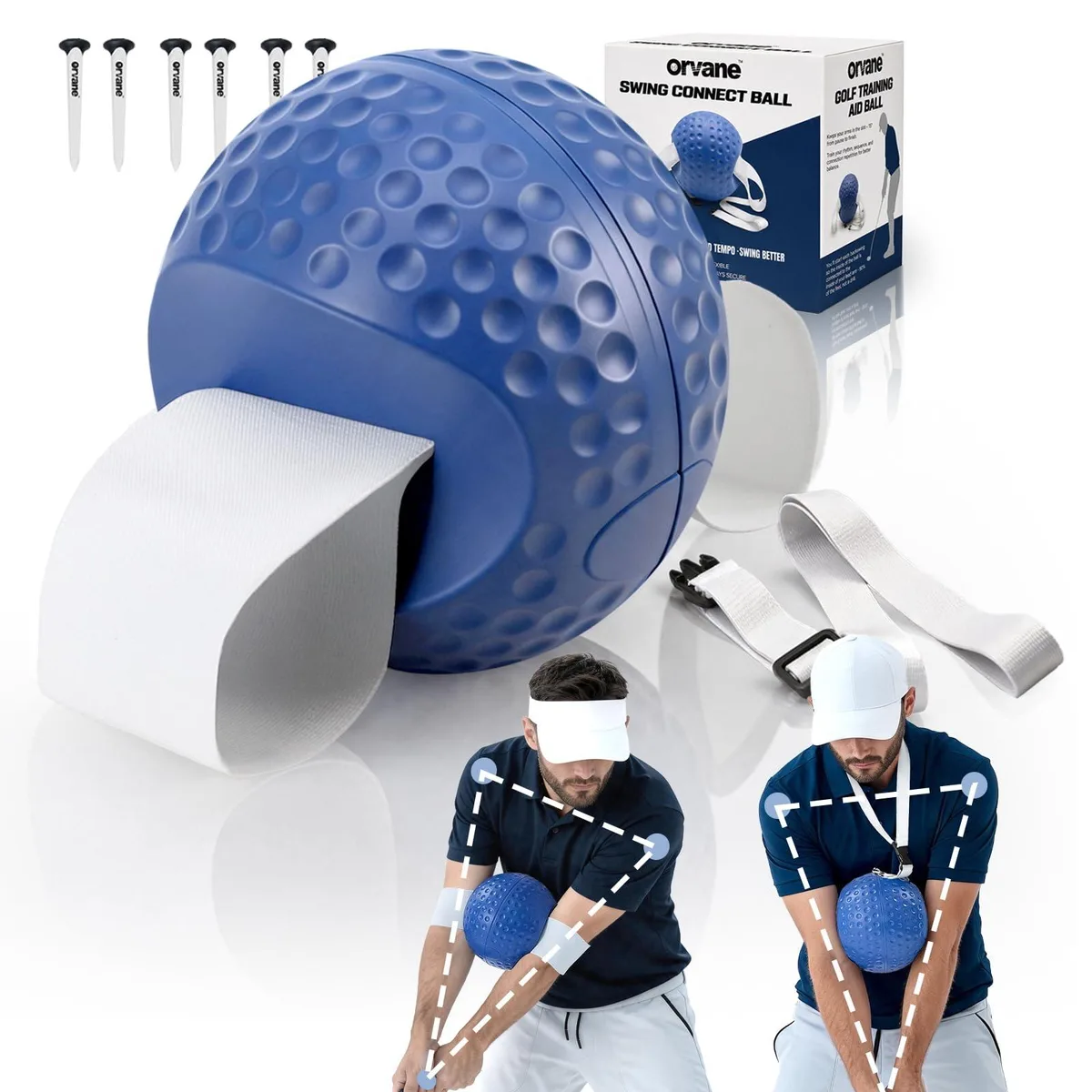 Blue and white foam training ball with adjustable arm straps and neck lanyard