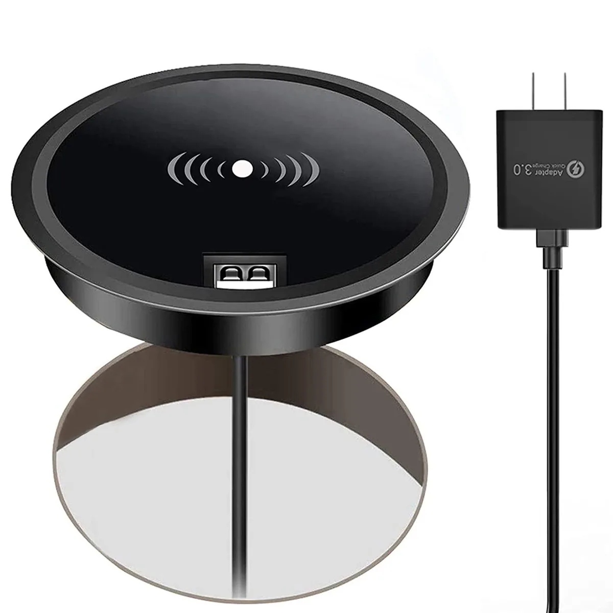 Flat circular wireless charging pad in dark finish