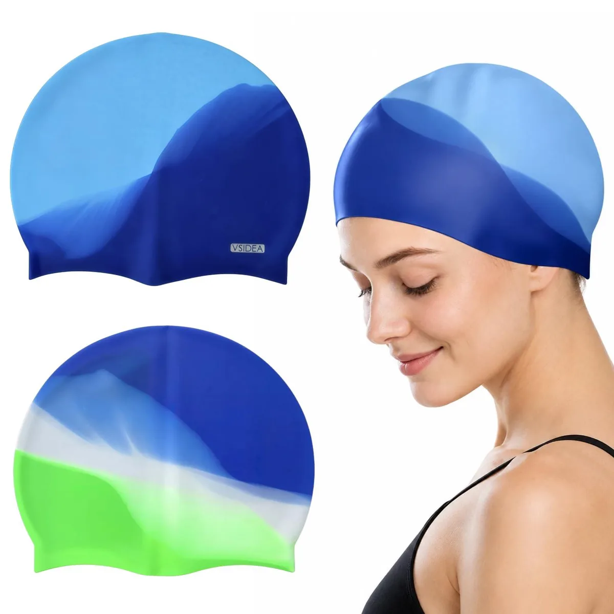 Two blue medium silicone swim caps with asymmetrical shaping for long hair