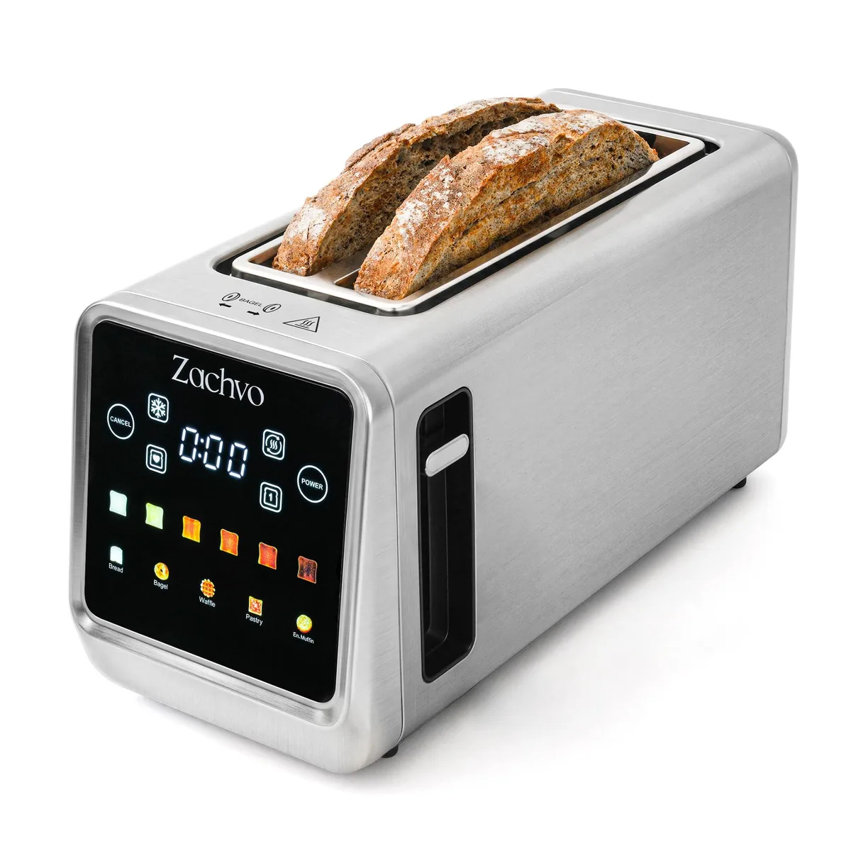 Stainless steel four-slice long-slot toaster with tilted touchscreen, 14.8 inches deep