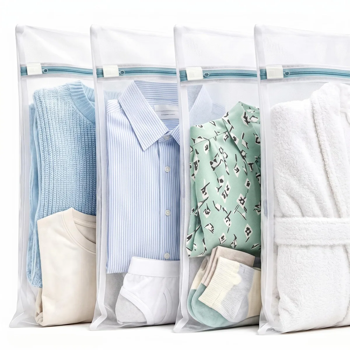 Four medium mesh laundry bags with auto-lock zippers, 12 by 16 inches