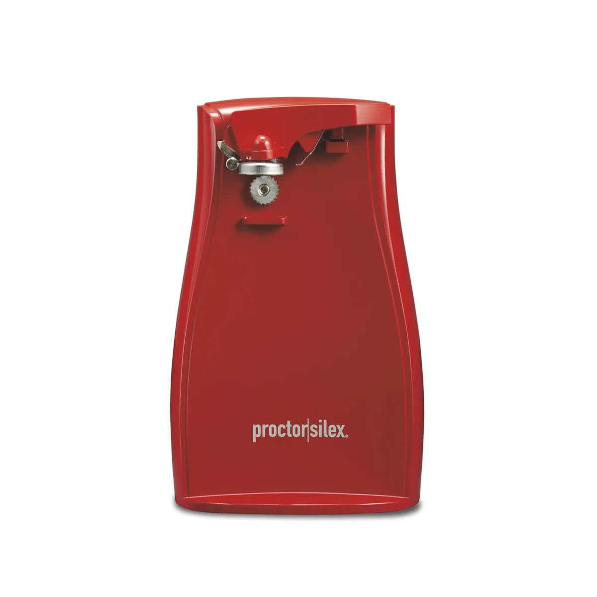 Red automatic can opener with knife sharpener, twist-off lever and cord storage
