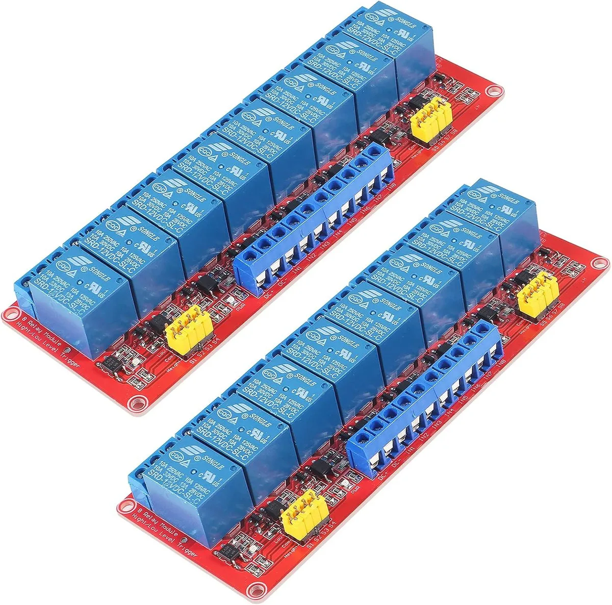 Red eight-channel relay board with optocoupler isolation and jumper-selectable triggers