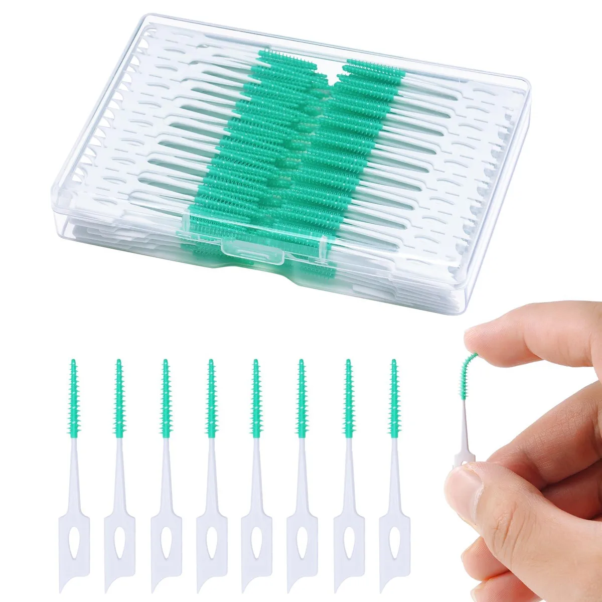 Green plastic case holding 220 small floss picks with silicone bristles