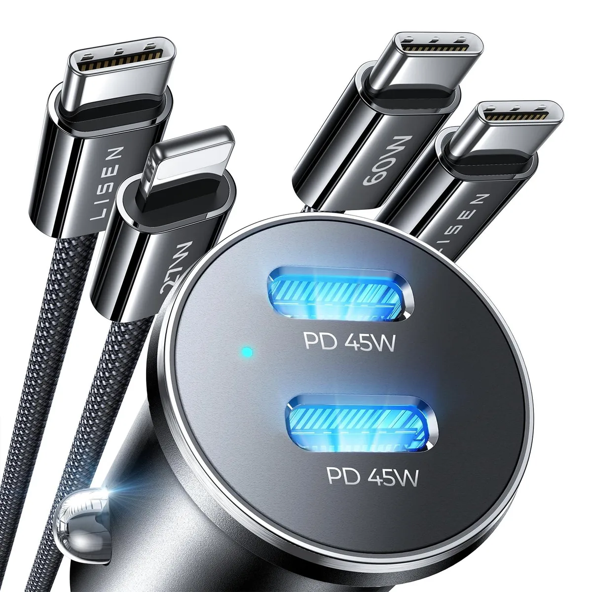  LISEN 90W Dual Port Car Charger with USB-C &amp; Lightning Cables — product photo