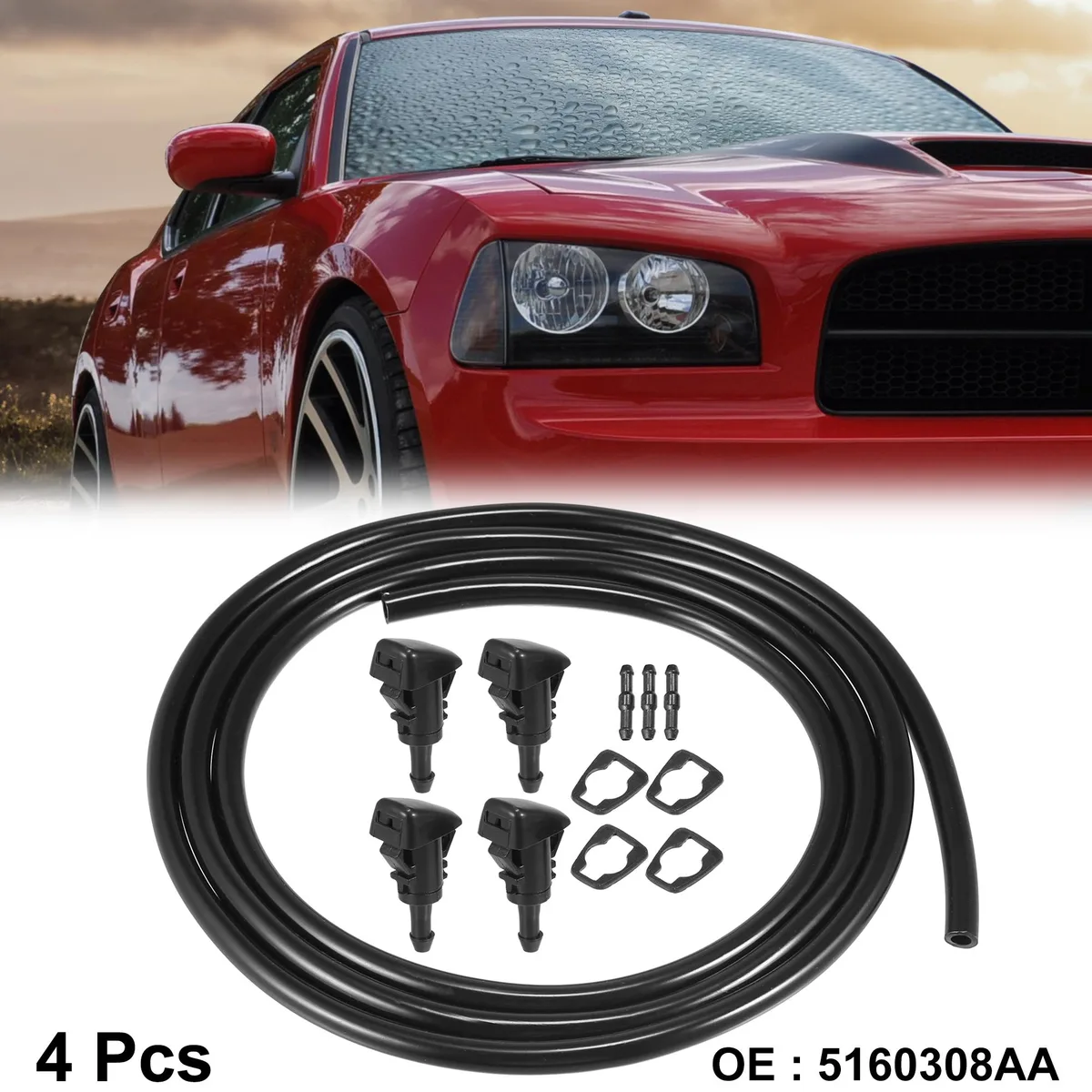 Black plastic windshield washer nozzle kit with hose and connectors for Dodge Caliber 2007-2012